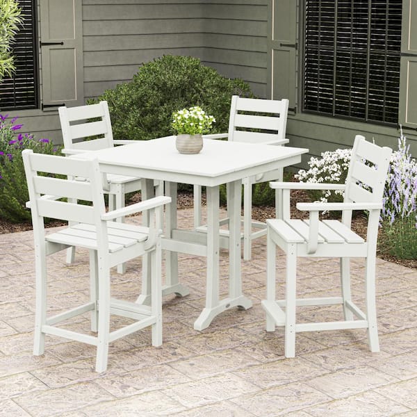 POLYWOOD Grant Park White 5-Piece HDPE Plastic Arm Chair Farmhouse Trestle Counter Set