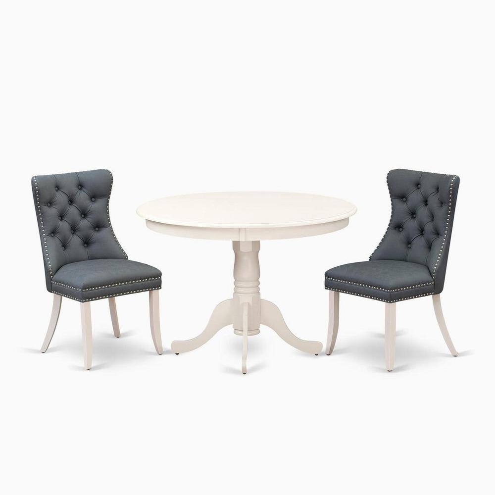 Linen White Round Pedestal Dining Table with 4 Willow Green Faux Leather Chairs