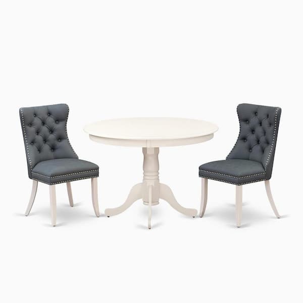 East West Furniture 3-Piece Linen White Finish Solid Wood Top-Round Upholstered Dining Room Set-Seats 4