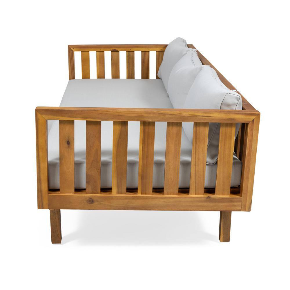 Teak Brown Acacia Wood Daybed with Light Gray Cushions