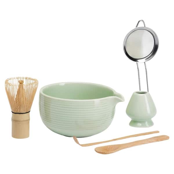 Matcha Whisk and Bowl Set with Ceramic Whisk Holder, Sifter, Spoon, Scoop, Handmade Bamboo, Cyan, 6-Pieces