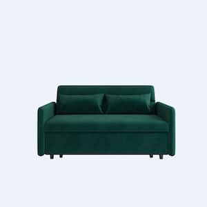 54 in. Green Velvet Twin Size Sofa Bed with 2 Pillows