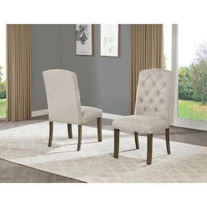 Ameen Beige Linen Fabric With Brown Oak Veneer Finish Legs Side Chairs Set of 2