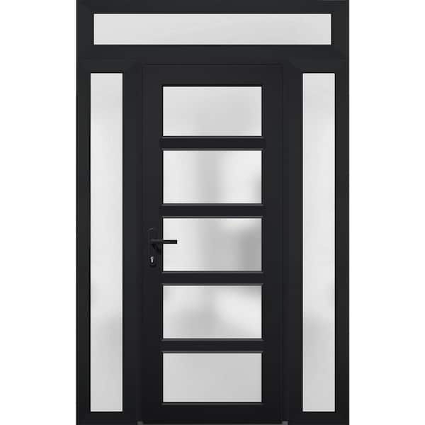 VDOMDOORS 54 in. x 94 in. Right-hand/Inswing 3 Sidelights Frosted Glass Black Steel Prehung Front Door with Hardware