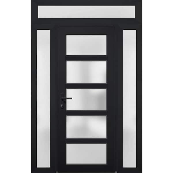 VDOMDOORS 60 in. x 94 in. Right-hand/Inswing 3 Sidelights Frosted Glass Black Steel Prehung Front Door with Hardware