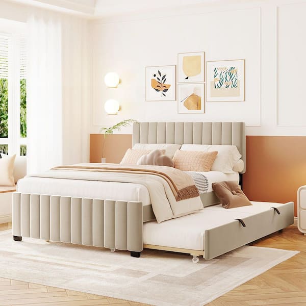 Beige Wood Frame Full Size Platform Bed with Twin Size Trundle