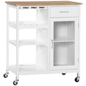 White Wood 30.00 in. Kitchen Island with Stemware Holder, Shelves, Drawer and Cabinet