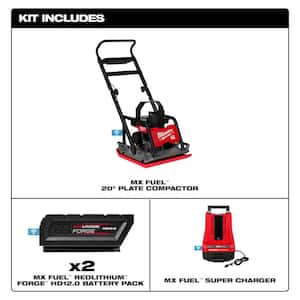 MX FUEL Lithium-Ion 20 in. Plate Compactor Kit with (2) FORGE HD12.0 Batteries and (1) MX FUEL Super Charger