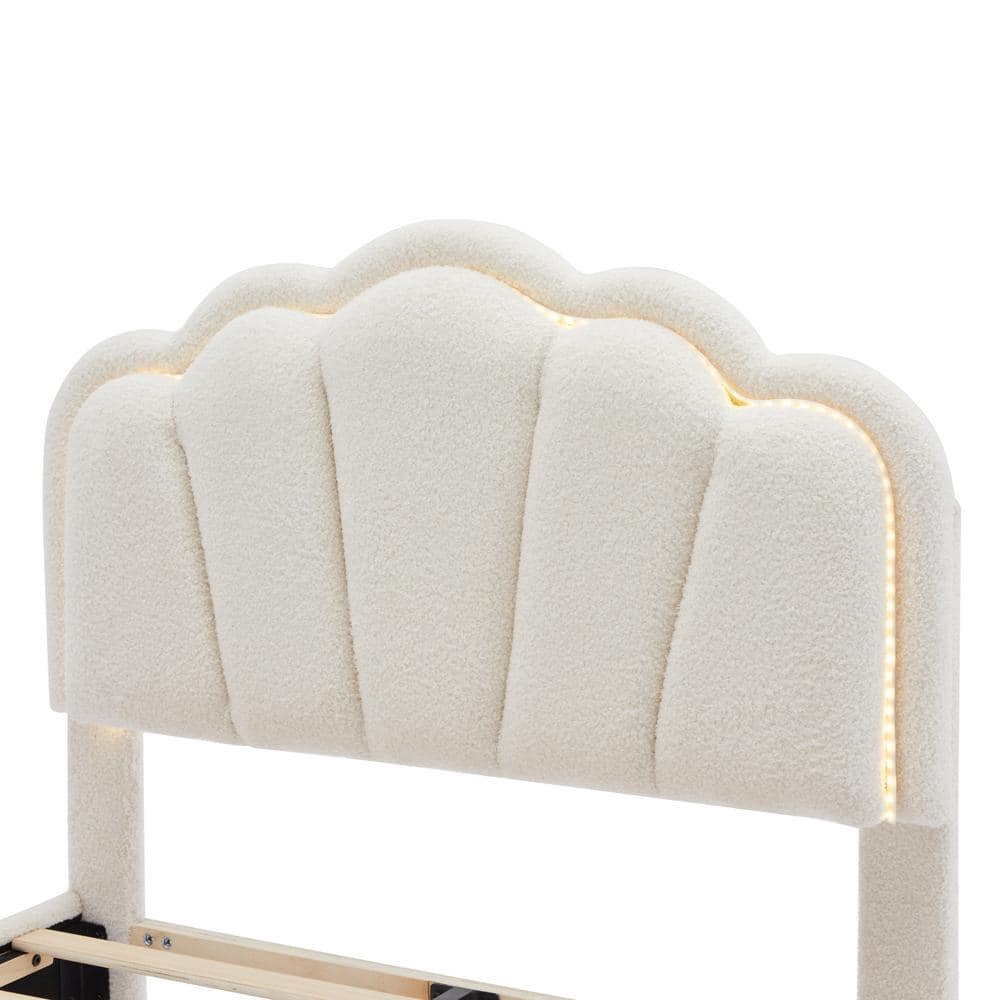 White Sherpa Fabric Upholstered Twin Platform Bed with LED Flower Headboard