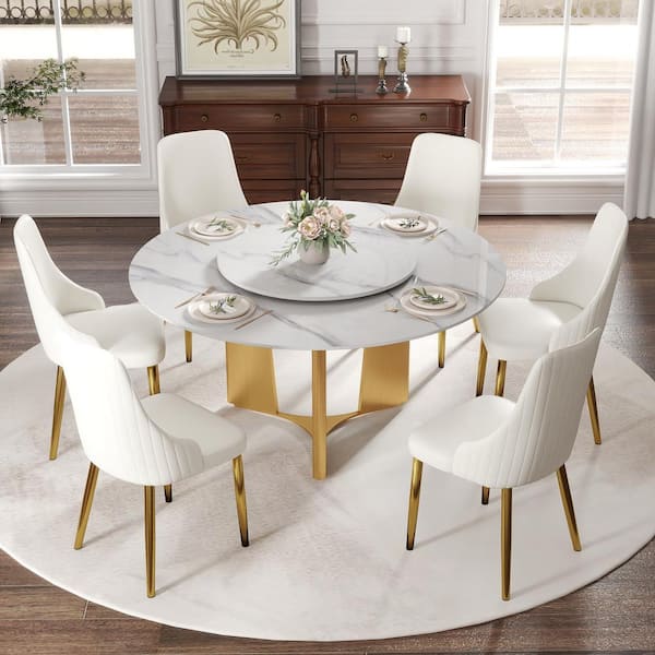 Magic Home 59.05 in. White Lazy Susan Sintered Stone Tabletop with Gold Pedestal Base Dining Table (Seats-8)