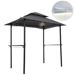 8 ft. x 5 ft. Gray Outdoor Grill Double Tier Soft Top Canopy with Hook Bar Counters and 2 LED Lights