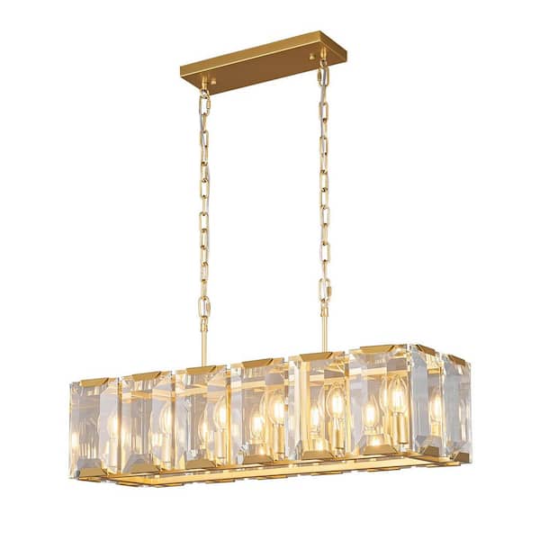 Home Lighting 31.88 in. 12-Light Gold Modern Rectangle Crystal Chandeliers Semi Flush Mount Ceiling Light Fixture