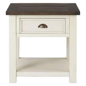 24 in. Cream White and Brown Rectangular Wood end table with Drawer and Miter Cut Top