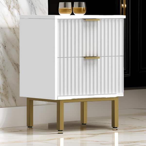 Benjara 20 in. White and Gold 2 Drawer Mahogany Wood Nightstand