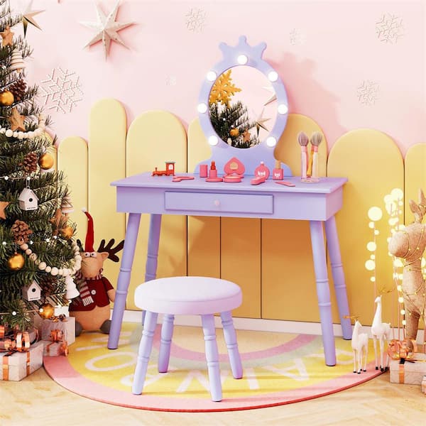 2-Piece Wood Top Purple Kids Vanity Set Princess Vanity Table and Chair Set with Lighted Mirror