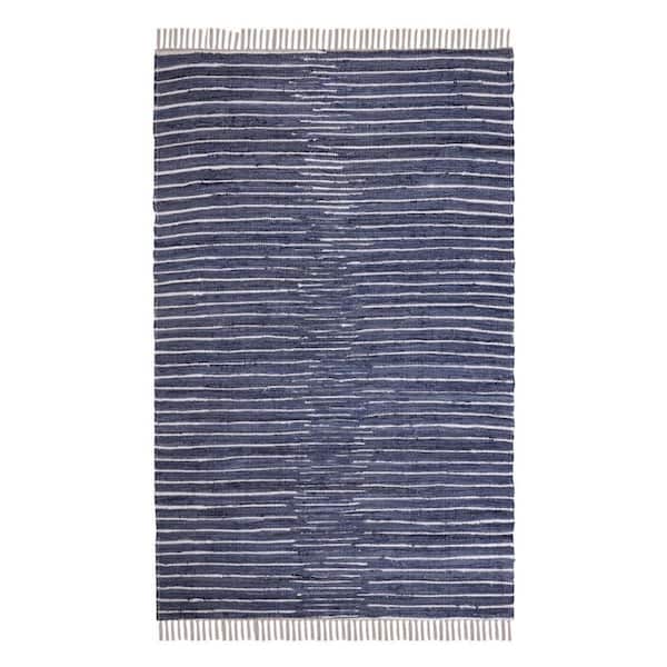 White 3 X 5 ft. Woven Striped Polyester Rectangle Indoor/Outdoor Area Rug