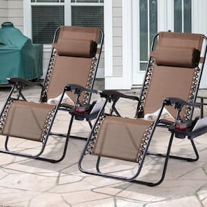 Brown Patio Adjustable Zero Gravity Chair, Metal Frame Outdoor Lounge Chair With a Side Tray