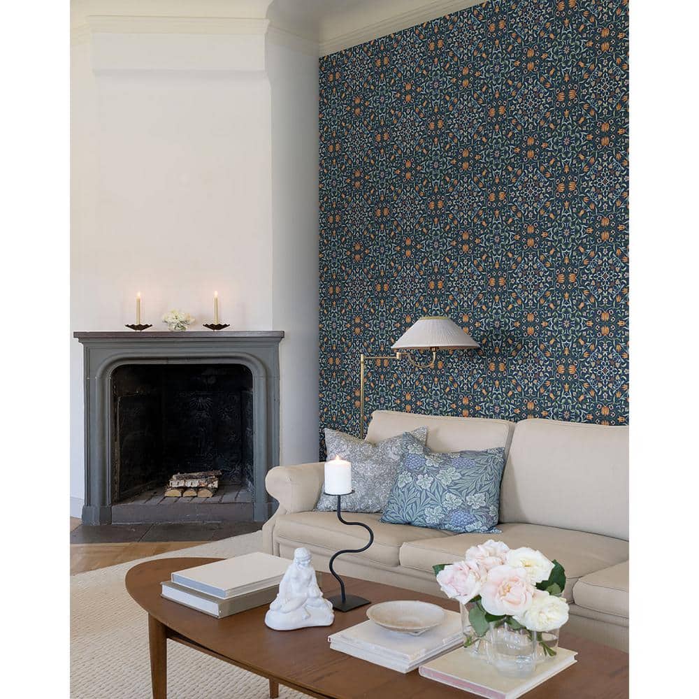 Dark Blue Floral Non-Pasted Washable Wallpaper Roll
