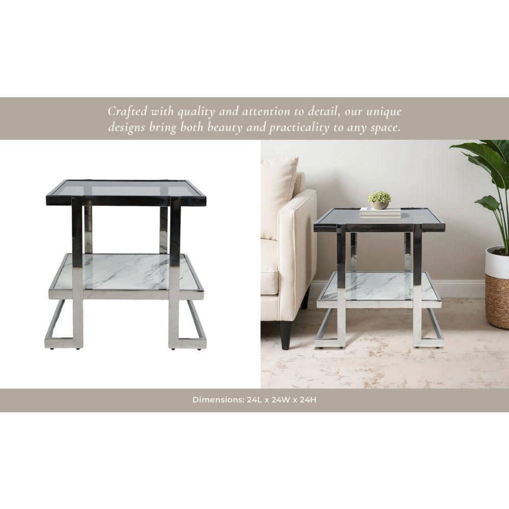 Elegant Silver & Marble Mirrored Side Table with Geometric Base