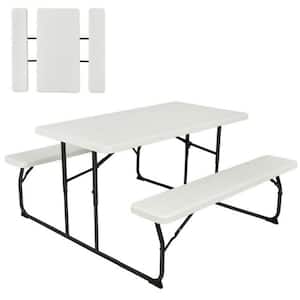 White Rectangle Plastic Outdoor Folding Picnic Table Bench Set with Wood-Like Texture