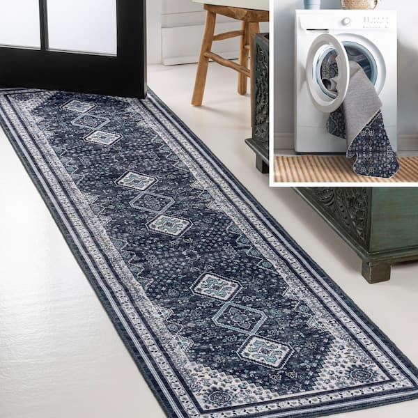 JONATHAN Y Dalyan Geometric Medallions Machine-Washable Navy/Light Gray 2 ft. x 8 ft. Runner Rug