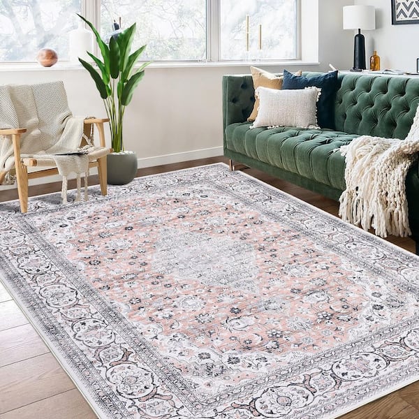 Pink 3 ft. x 5 ft. Retro Circular Pattern Short Pile Foldable Rug Anti-Fouling and Anti-Slip