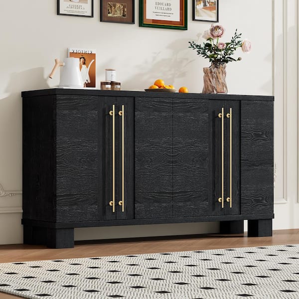 Harper & Bright Designs Black Wood 60 in. Traditional Style Sideboard with Adjustable Shelves and Gold Handles