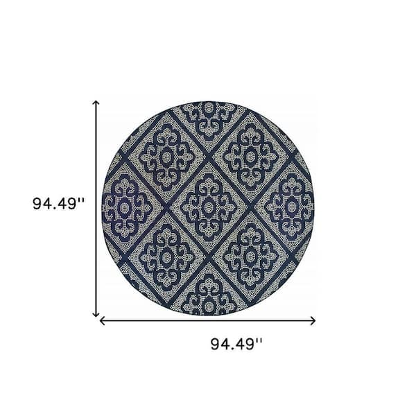 Blue, Ivory 8 ft. x 8 ft. Loomed Geometric Polypropylene Round Indoor/Outdoor Area Rug