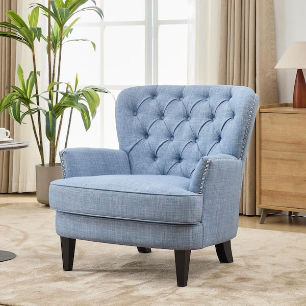 Light Blue Polyester Lounge Arm Chair with Nailhead Trim and Solid Wood Legs