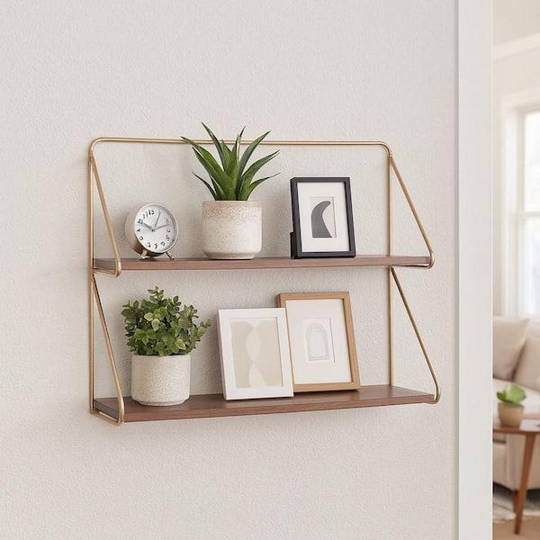 20 in. x 6 in. Gold Metal 2-Tier with Solid Pine Wood Decorative Wall Shelf