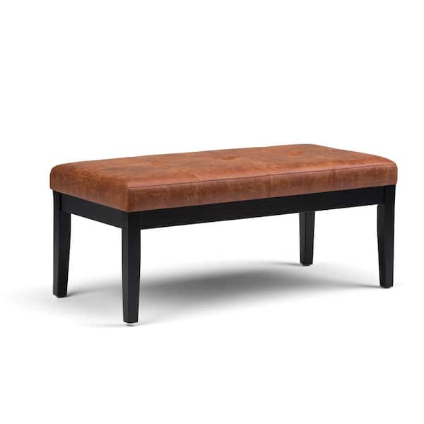Simpli Home Lacey 43 in. Contemporary Ottoman Bench in Distressed Saddle Brown Faux Air Leather