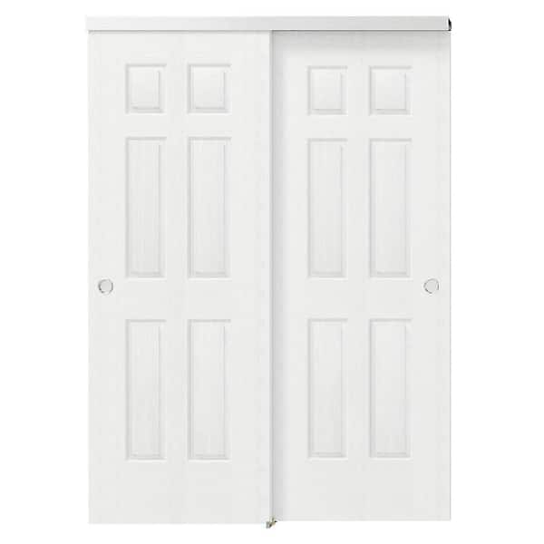 56in x 80in White Primed, Solid Core MDF, Double 6 Panel Bypass Sliding Door with Aluminium Hardware