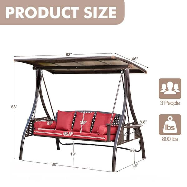 Zeus Ruta 3 Person Black Steel Patio Freestanding Porch Swing Bench Chair With Red Cushion and PVC Hardtop Canopy WQD28 513 The Home Depot