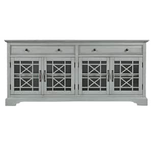 70 in. Dove Gray Acacia Wood TV Media Entertainment Center Console with 4 Glass Doors and Crossed Wood Design