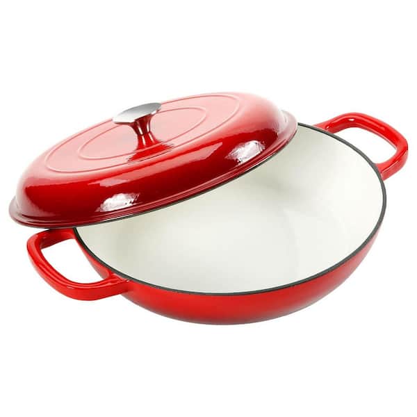 3.8 qt. Round Cast Iron Dutch Oven in Red with Lid and Dual Handles, Enameled Casserole Braiser for Family Cooking