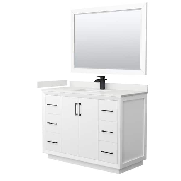 Wyndham Collection Strada 48 in. W x 22 in. D x 35 in. H Single Bath Vanity in White with White Quartz Top and 46" Mirror