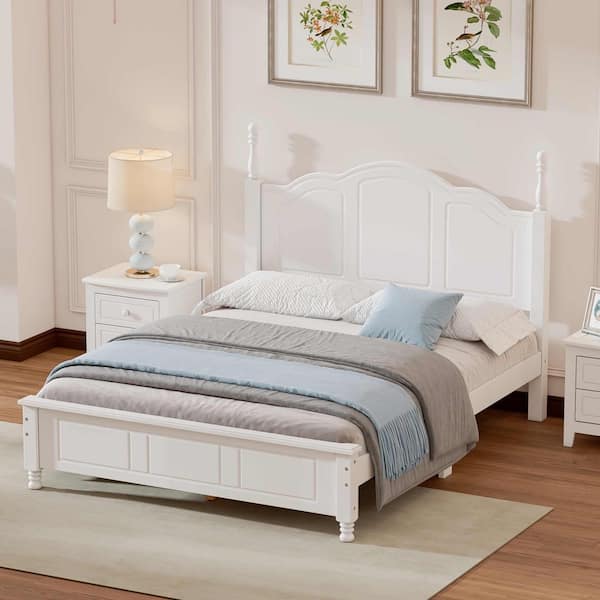 White Wood Frame Full Size Platform Bed with Wooden Slat Support