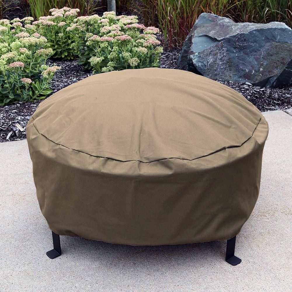 Khaki Heavy-Duty Weather-Resistant Round Fire Pit Cover with Drawstring Closure