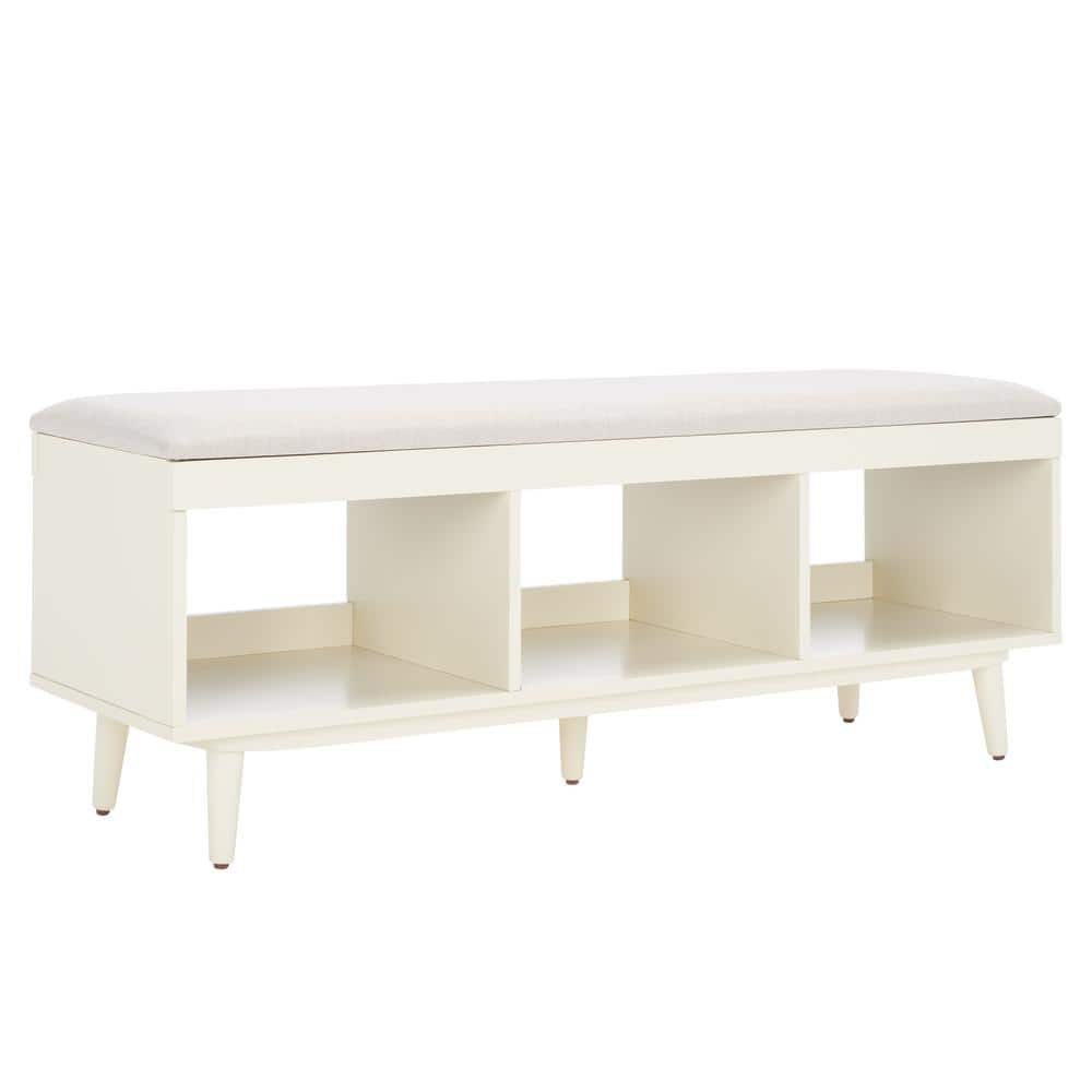 Nordic Natural Acacia Bench with Linen Cushion and Open Shelves