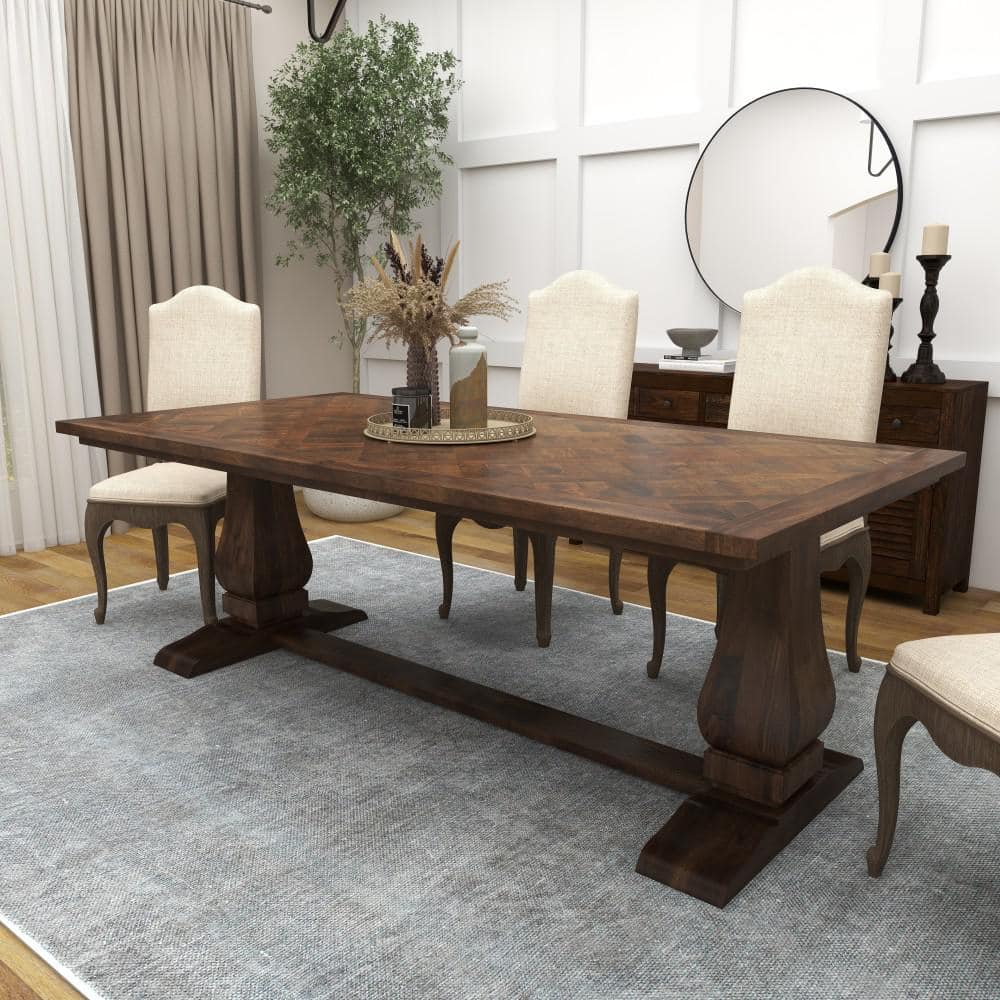 Parquet Inlay Reclaimed Pine Wood 84" Dining Table with Marble Accents