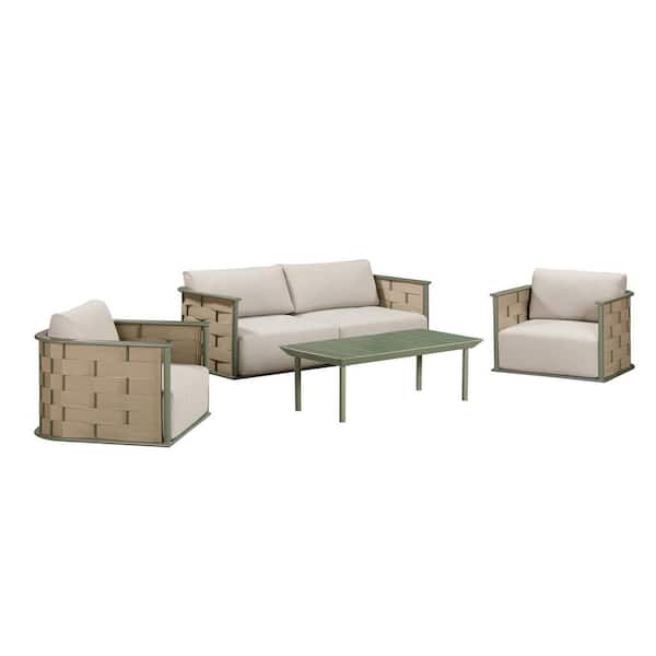Kinger Home Komodo 4-Piece Sage Metal Deep Seating Patio Conversation Set With Ivory Cushions