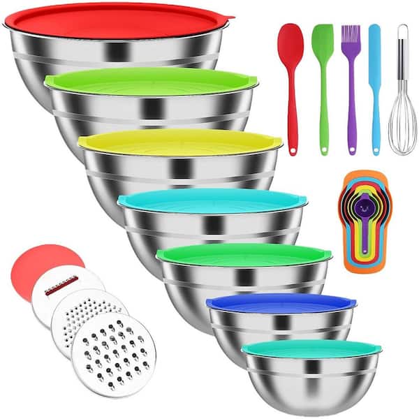 7-PCS Multicolor Stainless Steel Mixing Bowls with Lids Set 3-Grater Attachments for Kitchen Cooking Baking Serving