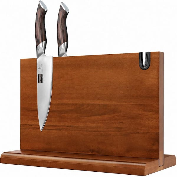 Double-Sided Magnetic Knife Block 14 x 10 in. Acacia Wood Knife Holder Stand with Built-In Knife Sharpener