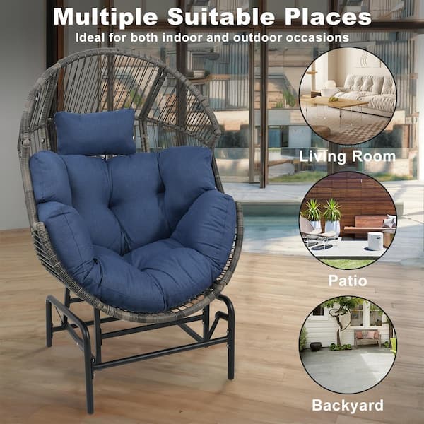 Gray Wicker Egg Chair Patio Glider, Backyard Living Room Indoor/Outdoor Chaise Lounge with Blue Cushions