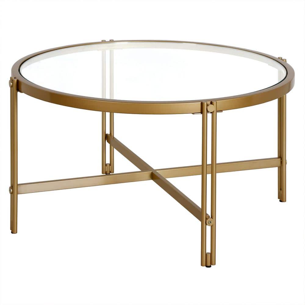 Eloise 32" Brass Round Metal & Glass Coffee Table
