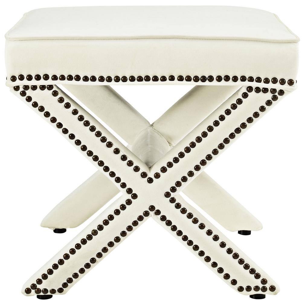 Elegant Ivory Velvety Polyester Nailhead Trim Bench