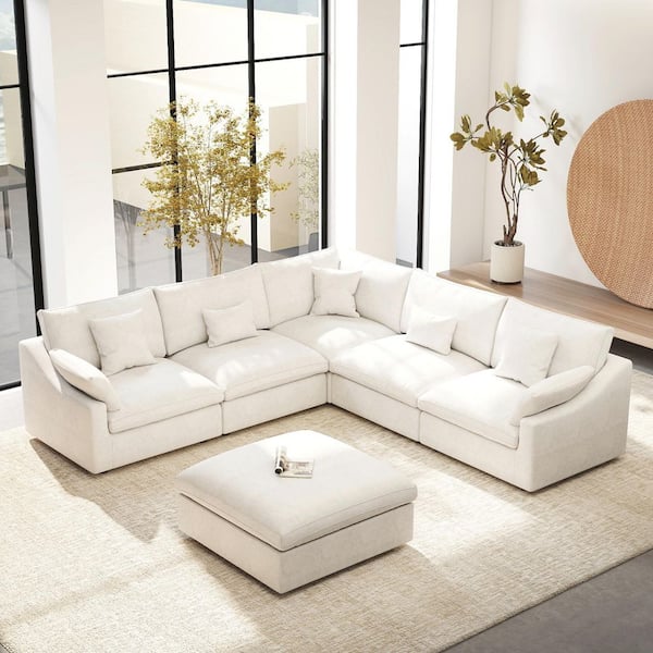Modular Large 238 in. Flared Arm 6-Piece L-shaped Linen Cloud Couch Sectional Sofa in. White with Ottoman