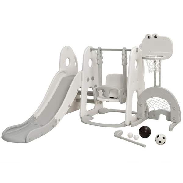 6-in-1 White Toddler Slide and Swing Set Climber Playset w/Ball Games