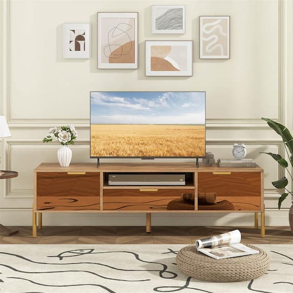 Natural Mirrored TV Stand Fits TV's up to 65 in. with Spacious Tabletop
