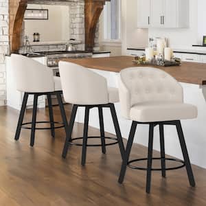 26 in. White Faux Leather Metal Frame Upholstered Counter Height Swivel Bar Stools with Bright Silver Rivets (Set of 3)